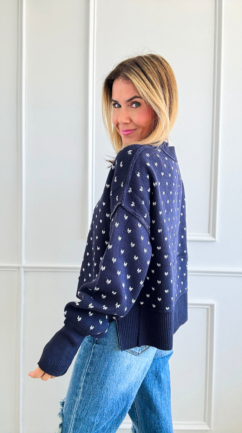 Heart Pattern Cropped Sweater - Navy-140 Sweaters-Miracle-Coastal Bloom Boutique, find the trendiest versions of the popular styles and looks Located in Indialantic, FL