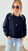 Fiora French Scuba Ribbon-Bow Sweatshirt - Black-130 Long Sleeve Tops-Joh Apparel-Coastal Bloom Boutique, find the trendiest versions of the popular styles and looks Located in Indialantic, FL