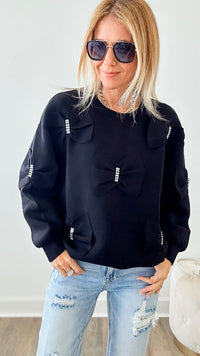 Fiora French Scuba Ribbon-Bow Sweatshirt - Black-130 Long Sleeve Tops-Joh Apparel-Coastal Bloom Boutique, find the trendiest versions of the popular styles and looks Located in Indialantic, FL