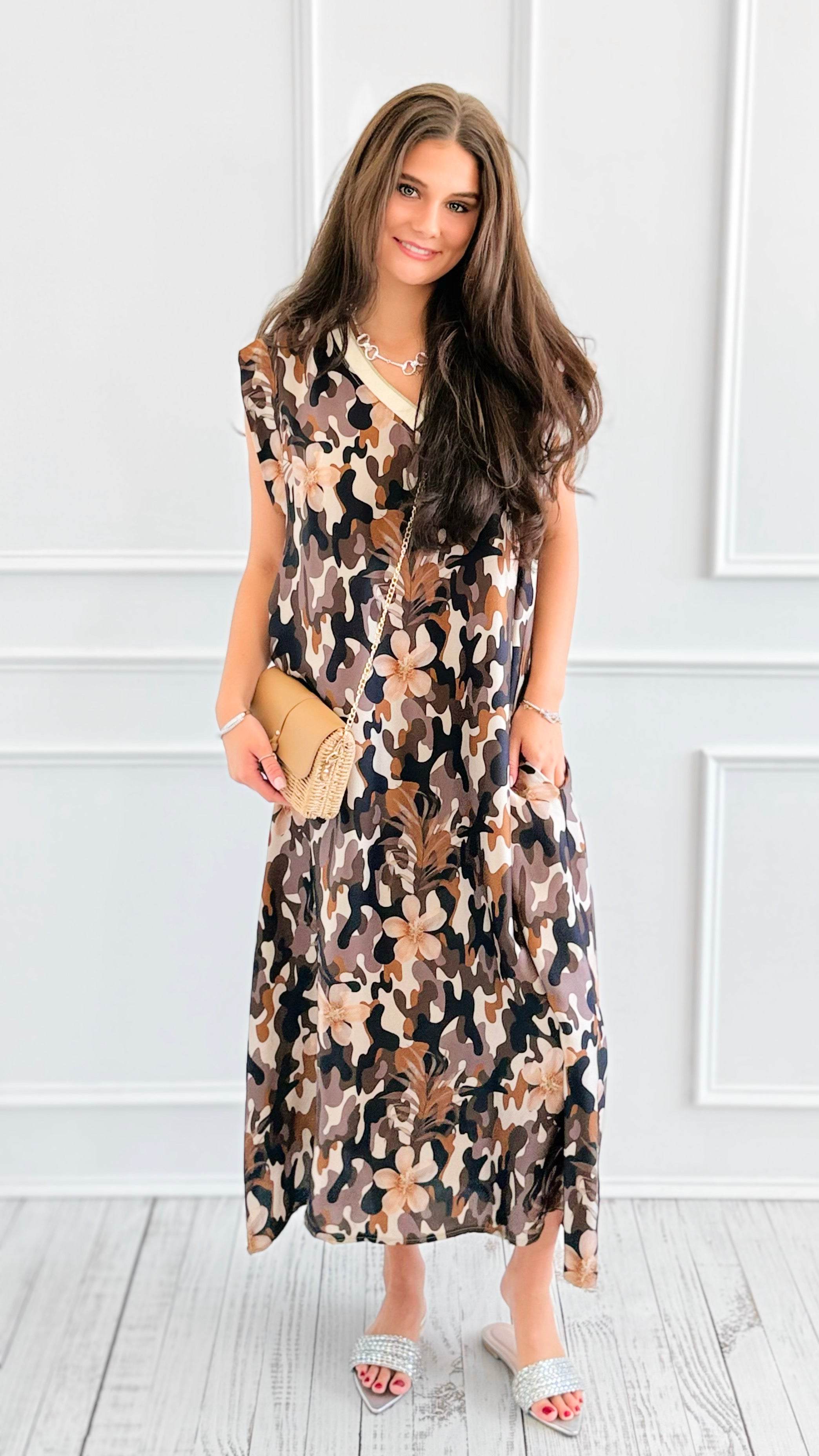 Bloom Camo Shimmer V-neck Italian Long Dress-200 Dresses/Jumpsuits/Rompers-1988-Coastal Bloom Boutique, find the trendiest versions of the popular styles and looks Located in Indialantic, FL