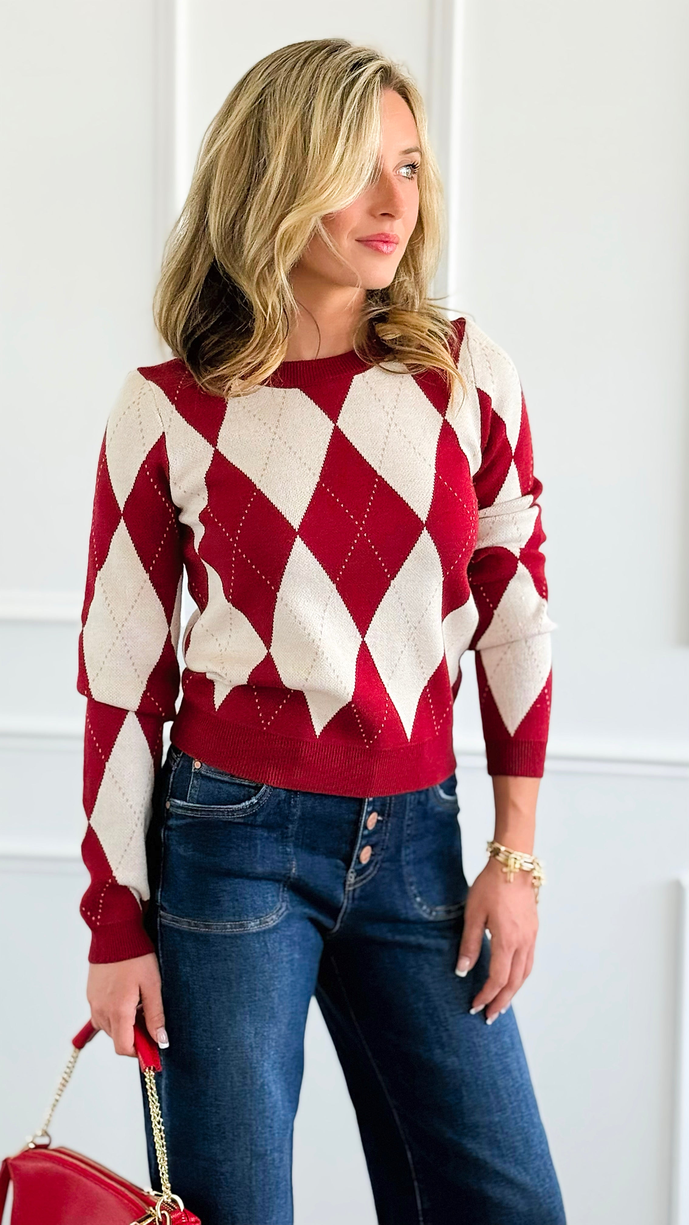 Heritage Charm Argyle Sweater - Burgundy-140 Sweaters-IRIS-Coastal Bloom Boutique, find the trendiest versions of the popular styles and looks Located in Indialantic, FL