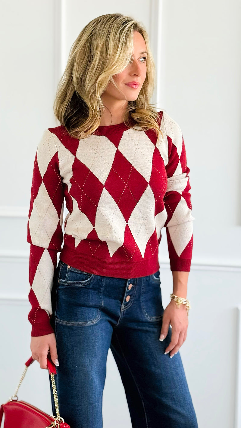 Heritage Charm Argyle Sweater - Burgundy-140 Sweaters-IRIS-Coastal Bloom Boutique, find the trendiest versions of the popular styles and looks Located in Indialantic, FL