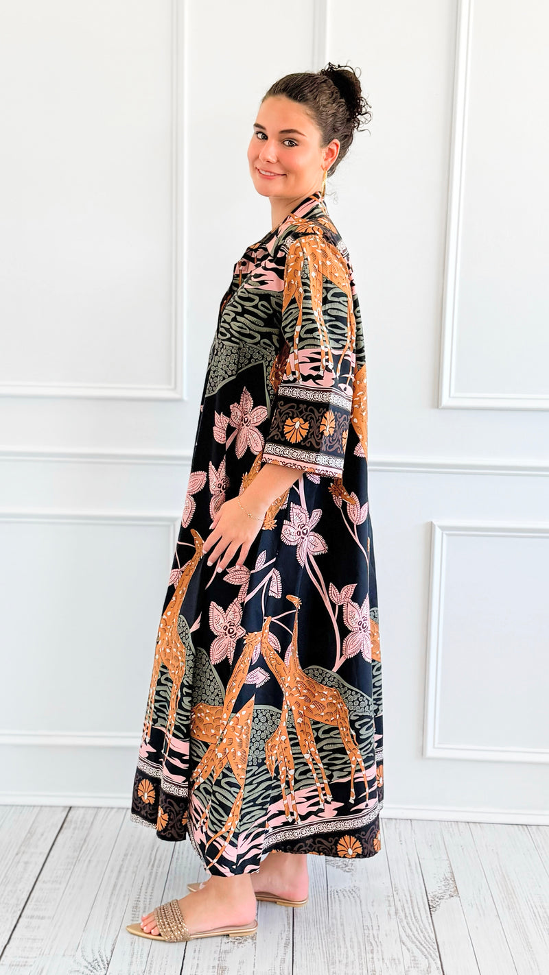 Safari Luxe Botanical Italian Long Dress-200 Dresses/Jumpsuits/Rompers-AZUL MONACO-Coastal Bloom Boutique, find the trendiest versions of the popular styles and looks Located in Indialantic, FL