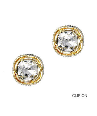 Vintage Cable Halo Stone Clip Earrings - Clear