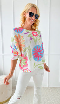 Bloom Bright Italian St Tropez - Floral Blue-140 Sweaters-Italianissimo-Coastal Bloom Boutique, find the trendiest versions of the popular styles and looks Located in Indialantic, FL