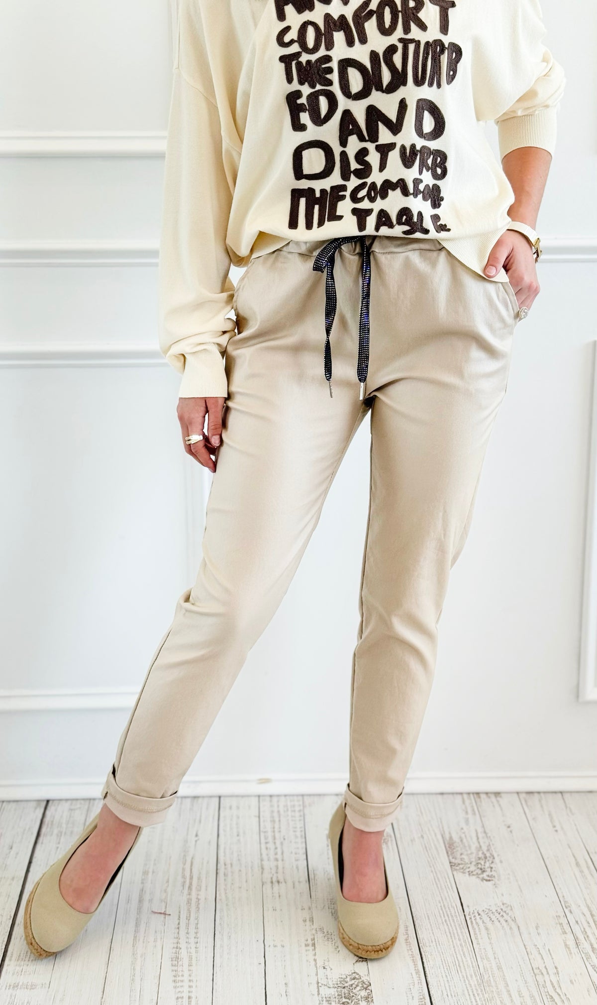 City Lights Faux Leather Italian Jogger - Sand-180 Joggers-Italianissimo-Coastal Bloom Boutique, find the trendiest versions of the popular styles and looks Located in Indialantic, FL