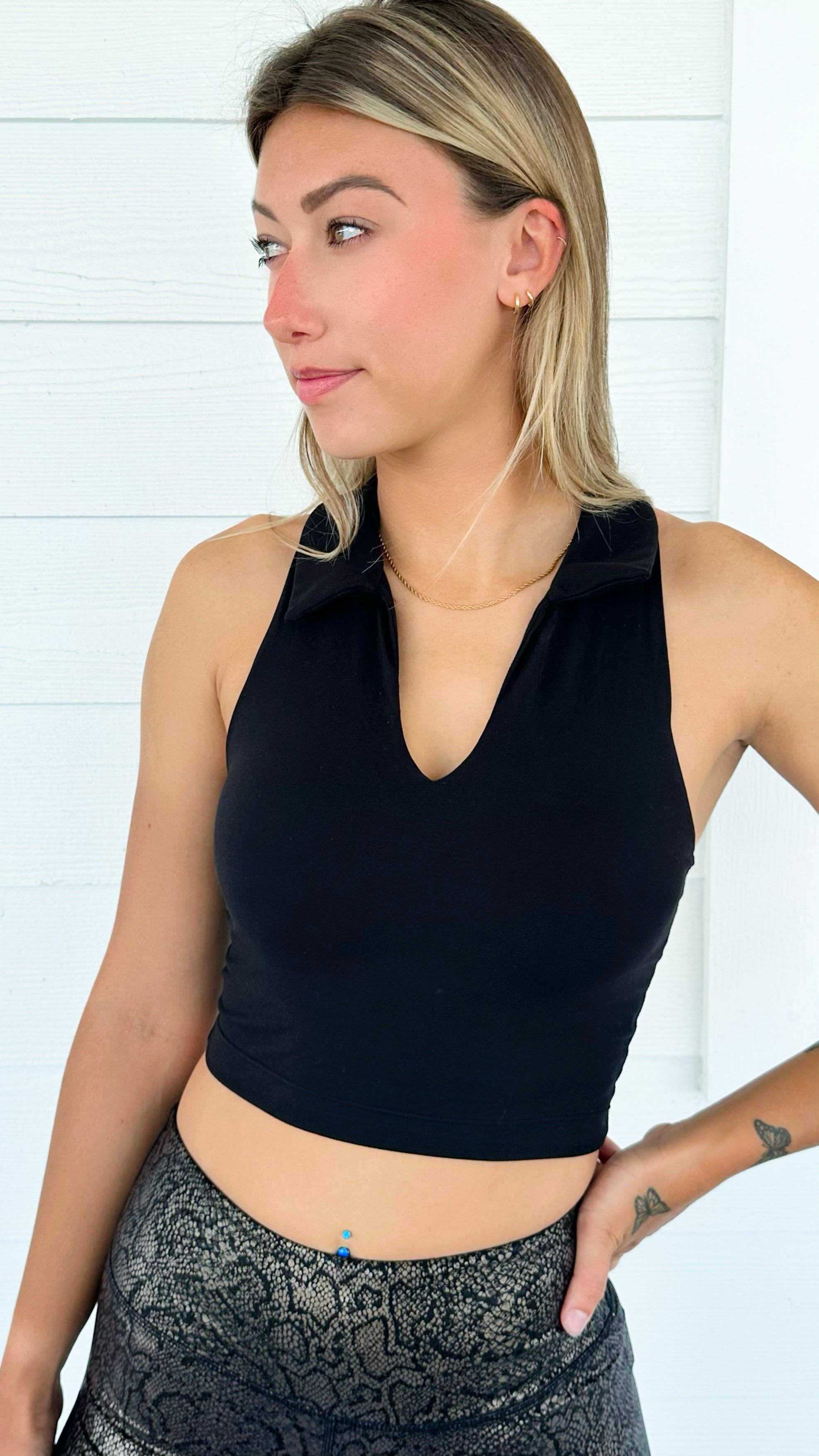 Cropped Collared Bra Tank - Black-100 Sleeveless Tops-Rae Mode-Coastal Bloom Boutique, find the trendiest versions of the popular styles and looks Located in Indialantic, FL