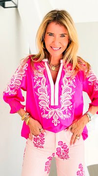 Embroidered Escape V-Neck Top - Hot Pink