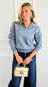 Whispered Grace Polo Top - Dusty Blue-130 Long Sleeve Tops-Rosio-Coastal Bloom Boutique, find the trendiest versions of the popular styles and looks Located in Indialantic, FL