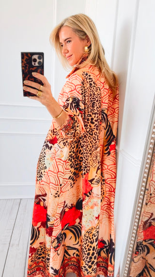 Feline Fantasy Italian Button Long Dress