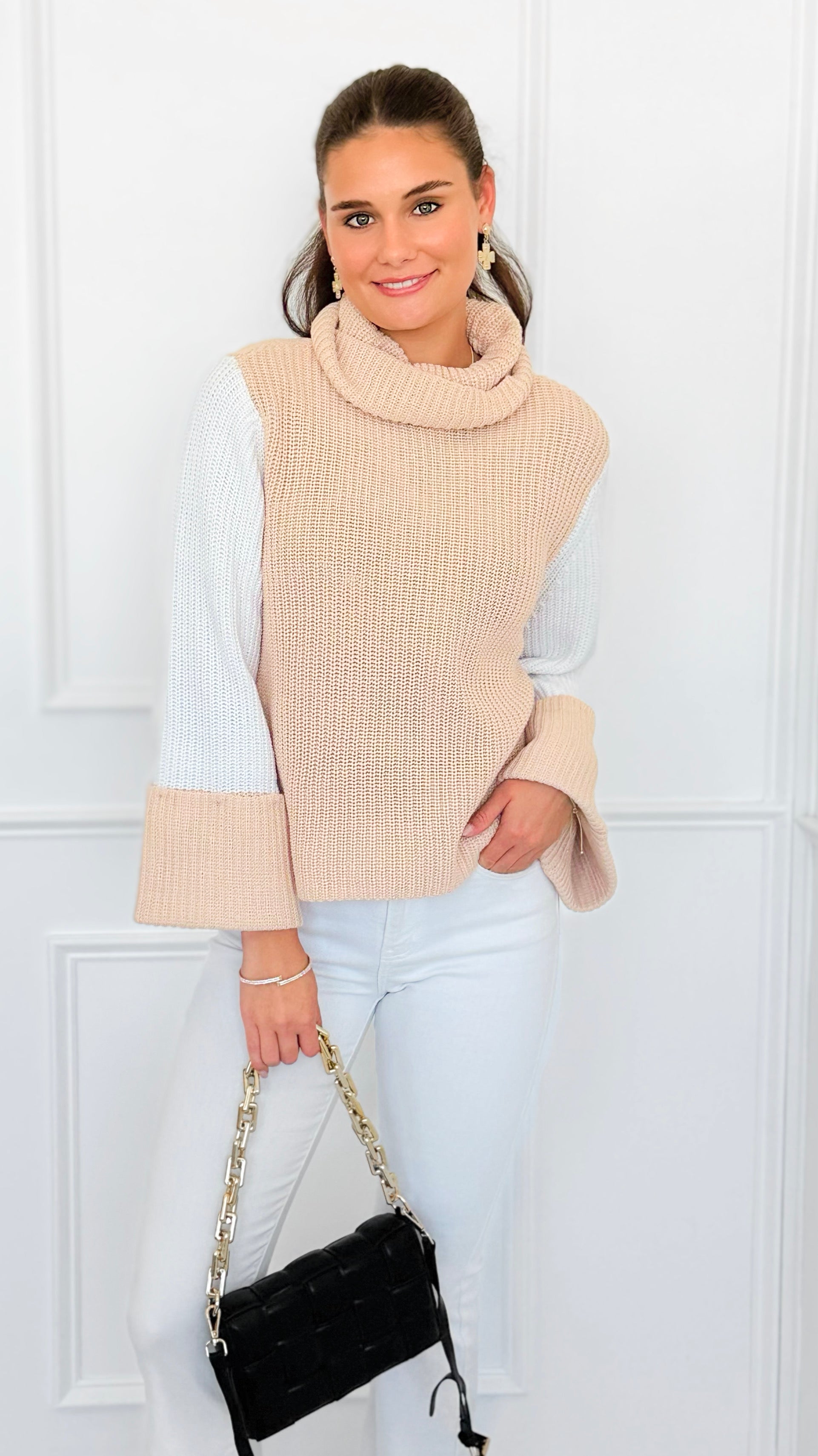 Two-Tone Turtleneck Flare Sleeve Sweater-140 Sweaters-ROUSSEAU-Coastal Bloom Boutique, find the trendiest versions of the popular styles and looks Located in Indialantic, FL