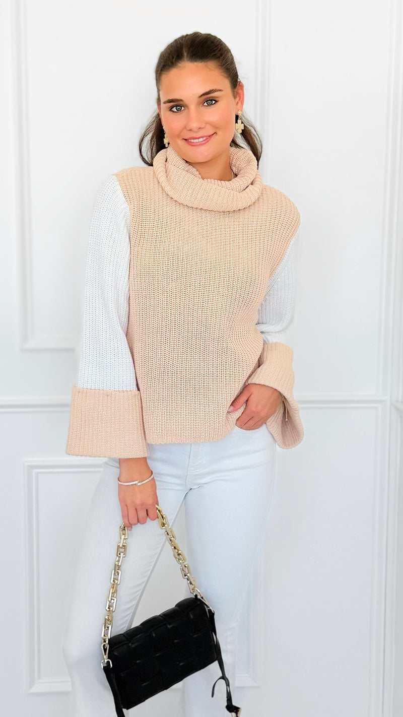 Two-Tone Turtleneck Flare Sleeve Sweater-140 Sweaters-ROUSSEAU-Coastal Bloom Boutique, find the trendiest versions of the popular styles and looks Located in Indialantic, FL