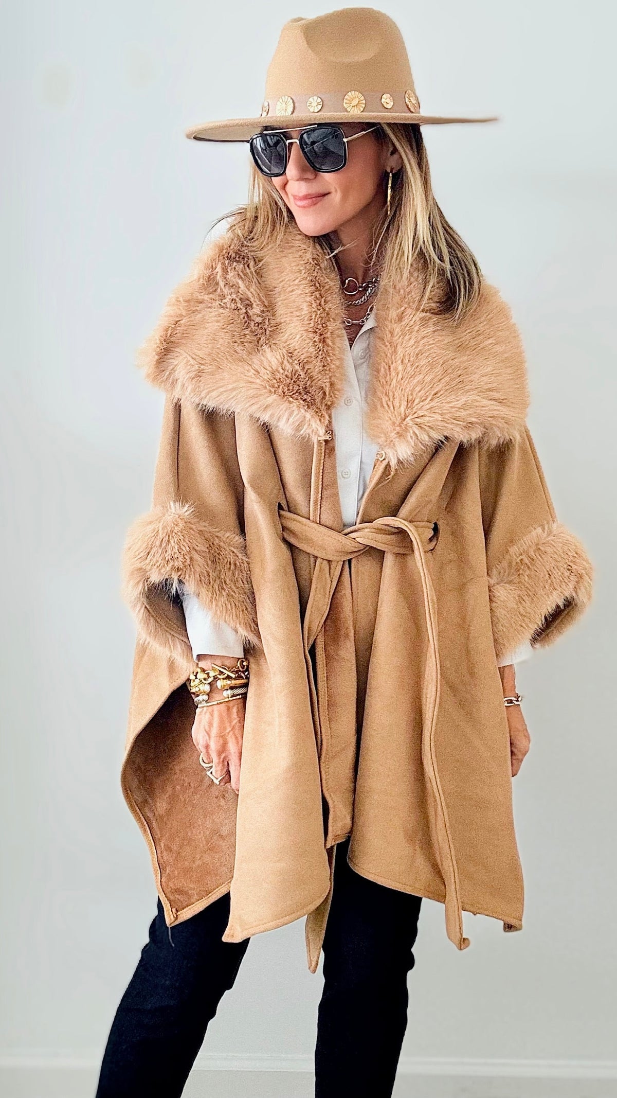 Faux Suede & Fur Belted Cape - Tan-150 Cardigans/Layers-Original USA-Coastal Bloom Boutique, find the trendiest versions of the popular styles and looks Located in Indialantic, FL