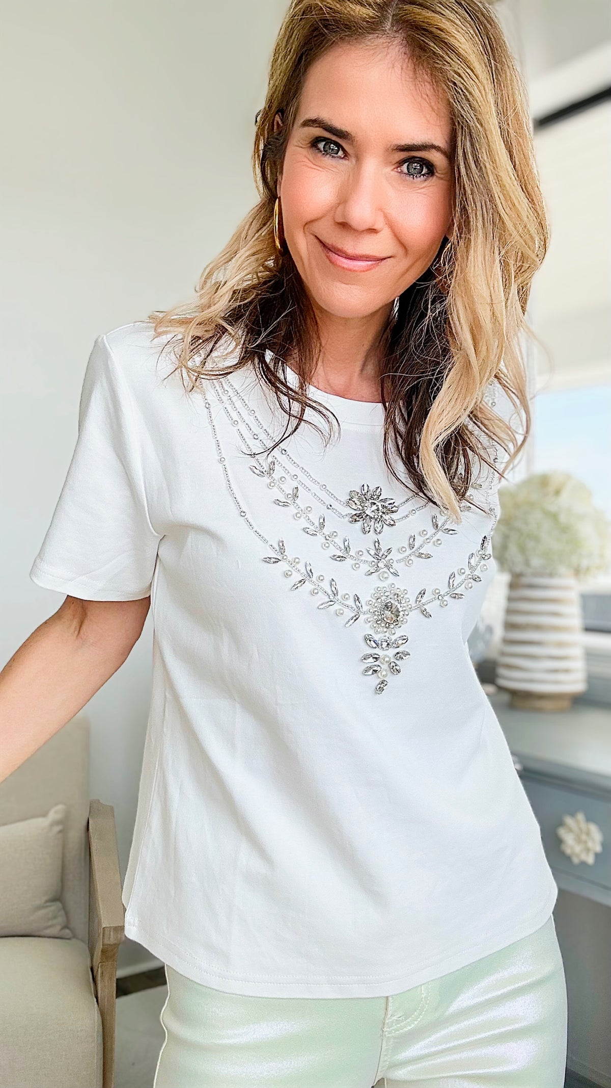 Rhinestone Detail Short Sleeves T-Shirt-110 Short Sleeve Tops-LA ROS-Coastal Bloom Boutique, find the trendiest versions of the popular styles and looks Located in Indialantic, FL