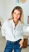 Pure Breeze Linen Italian Button Top- White-110 short Sleeve Top-Italianissimo-Coastal Bloom Boutique, find the trendiest versions of the popular styles and looks Located in Indialantic, FL