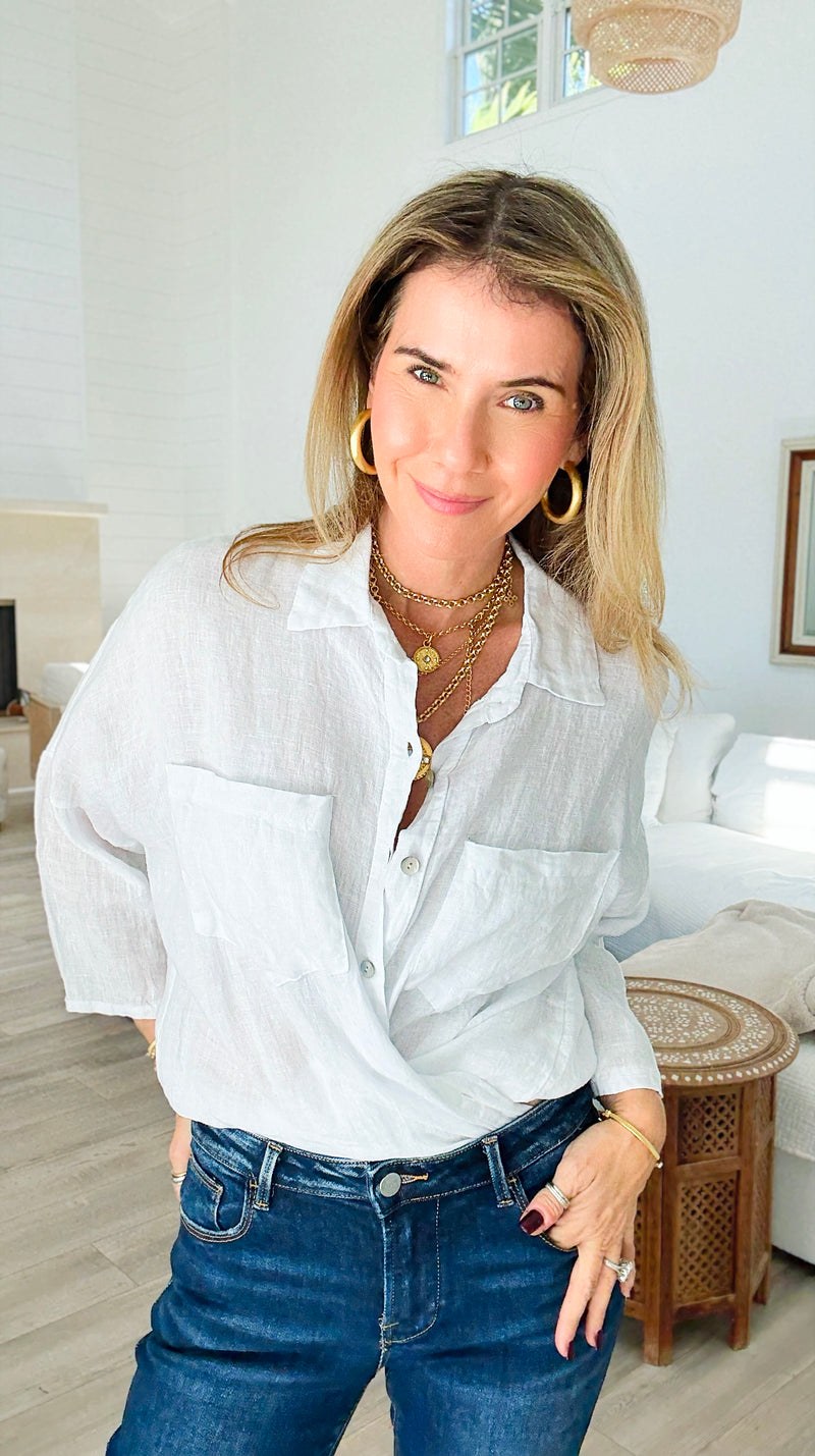 Pure Breeze Linen Italian Button Top- White-110 short Sleeve Top-Italianissimo-Coastal Bloom Boutique, find the trendiest versions of the popular styles and looks Located in Indialantic, FL