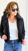 Cloud Dreams Faux Fur-Trim Jacket - Black Denim/Black-160 Jackets-IRIS-Coastal Bloom Boutique, find the trendiest versions of the popular styles and looks Located in Indialantic, FL