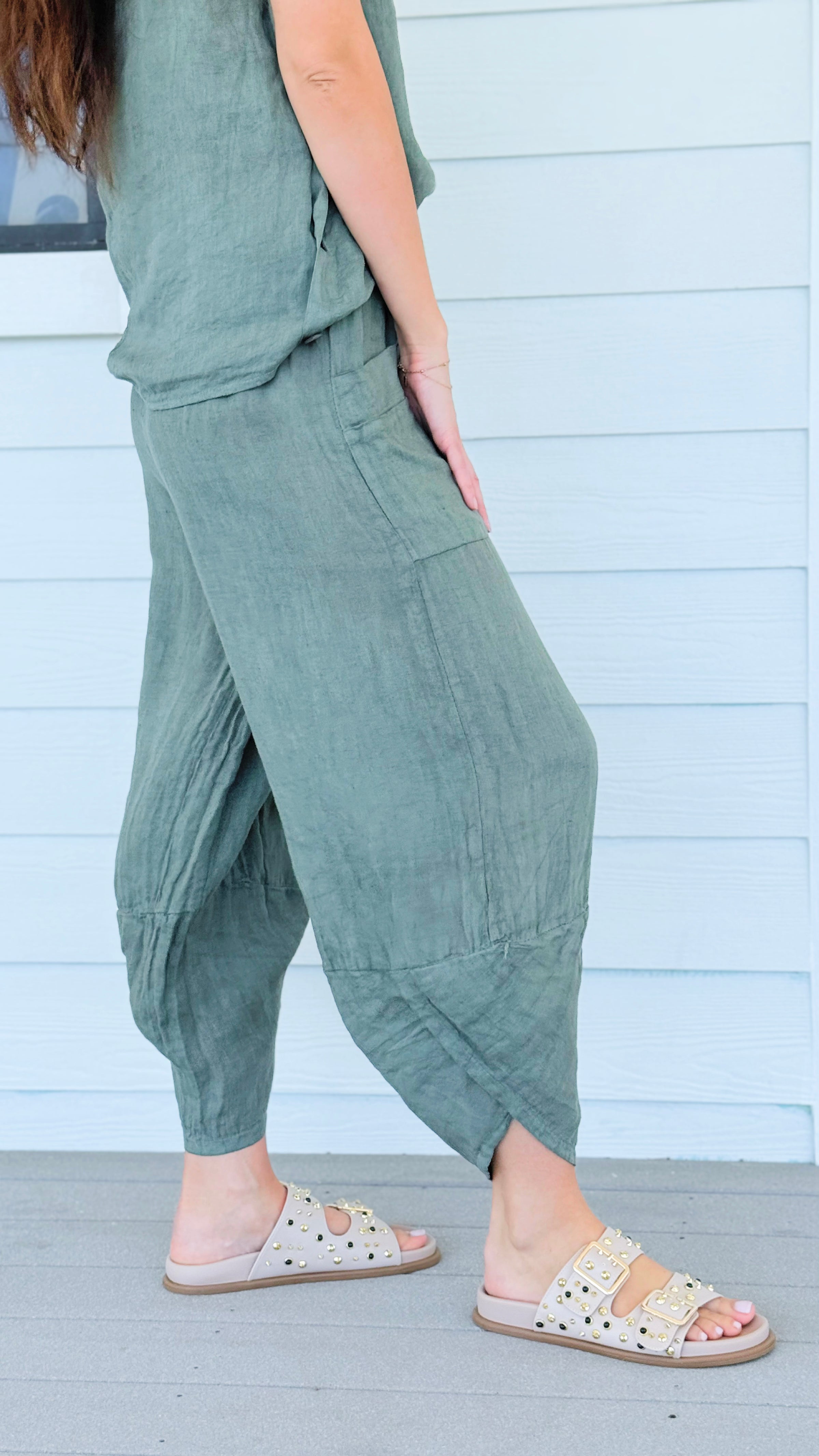 La Spezia Barrel Linen Italian Pant- Olive