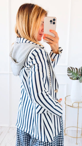 Striped Contrast Italian Hoodie Jacket - Navy