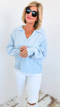 Spring Blue Crochet Collared Sweater-140 Sweaters-Rousseau-Coastal Bloom Boutique, find the trendiest versions of the popular styles and looks Located in Indialantic, FL