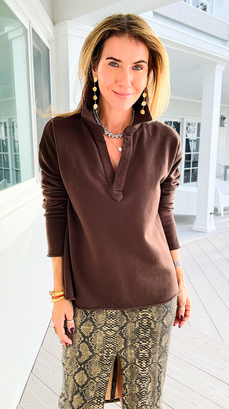 Eileen Cozy Lounge Collar Pullover Top - Espresso-110 Long Sleeve Tops-Mono B-Coastal Bloom Boutique, find the trendiest versions of the popular styles and looks Located in Indialantic, FL