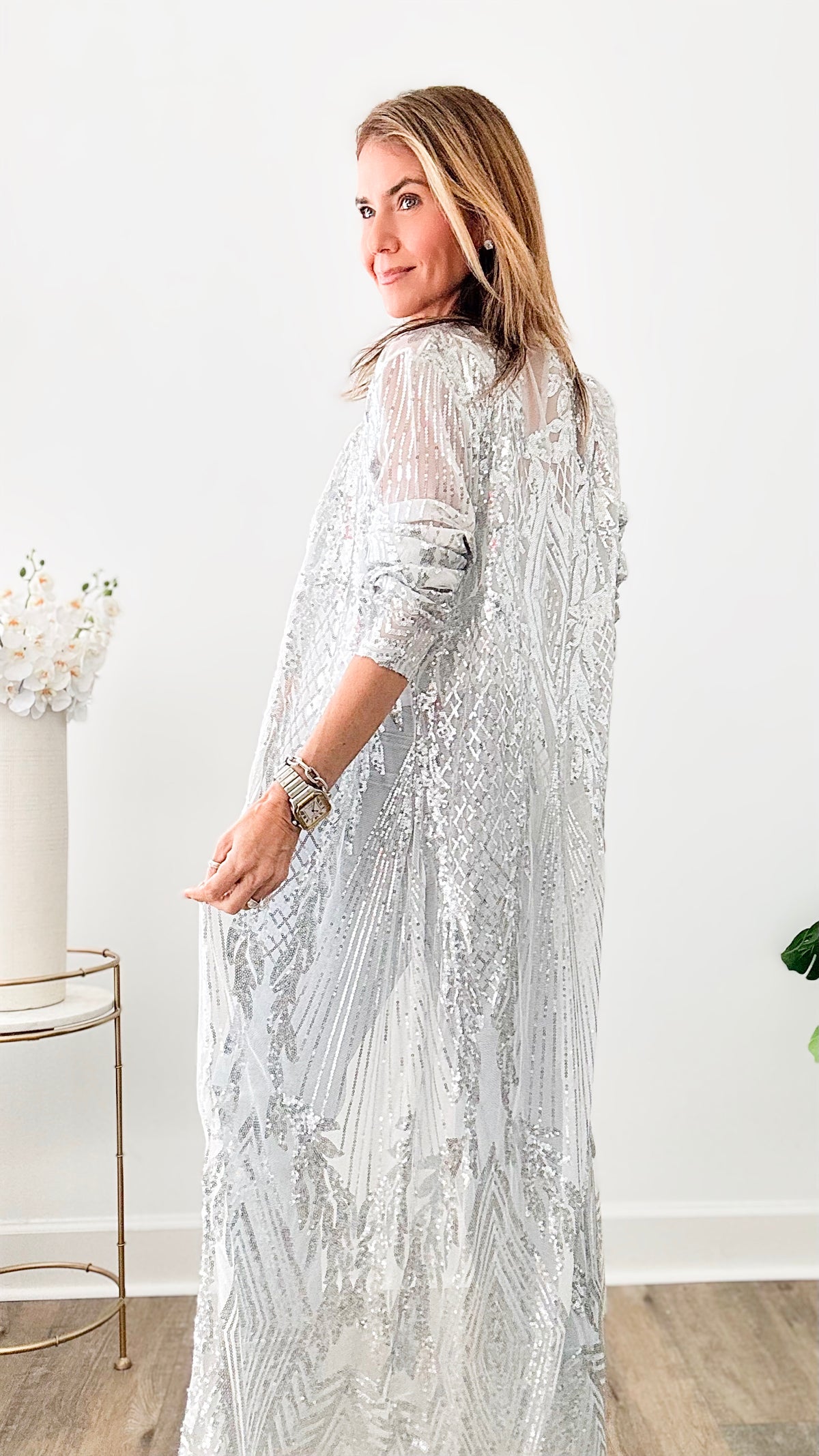 Sequin Leaves Pattern Long Kimono - Silver-150 Cardigans/Layers-Wona Trading-Coastal Bloom Boutique, find the trendiest versions of the popular styles and looks Located in Indialantic, FL