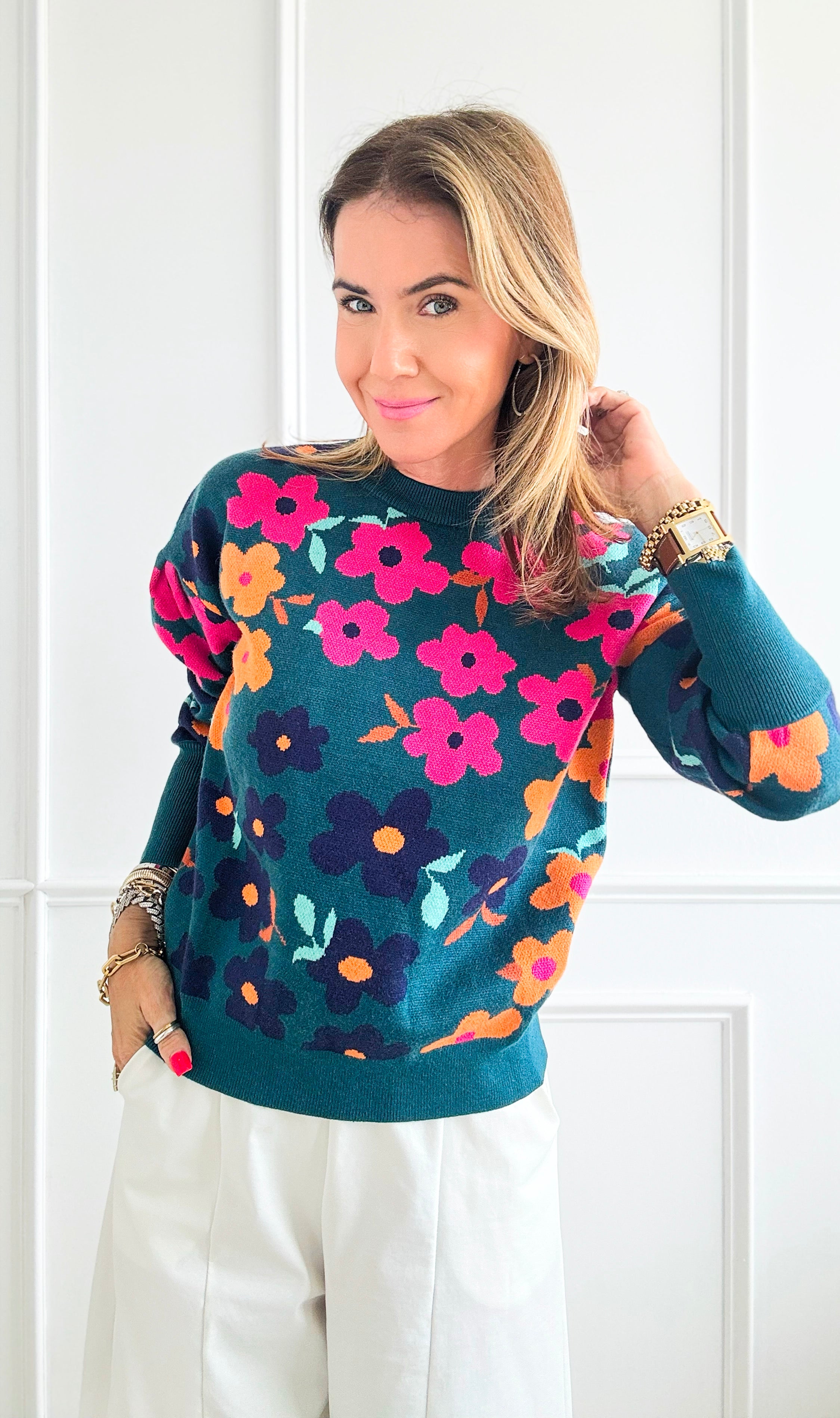 Floral Print Ribbed Knit Sweater-140 Sweaters-THML-Coastal Bloom Boutique, find the trendiest versions of the popular styles and looks Located in Indialantic, FL