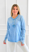 Sunday Stroll Mineral Wash Henley Top - Deep Sky-110 Long Sleeve Tops-Zenana-Coastal Bloom Boutique, find the trendiest versions of the popular styles and looks Located in Indialantic, FL