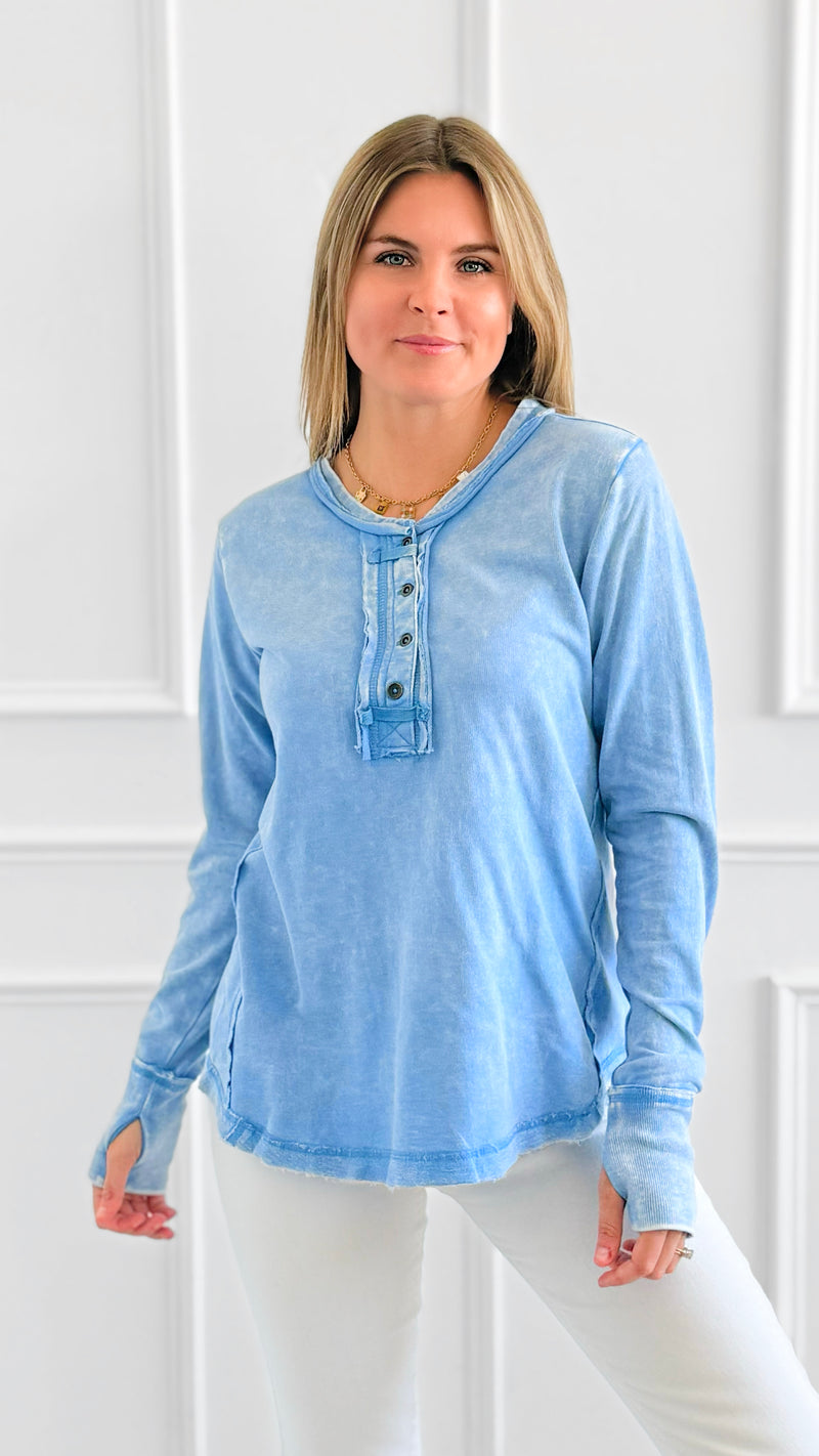 Sunday Stroll Mineral Wash Henley Top - Deep Sky-110 Long Sleeve Tops-Zenana-Coastal Bloom Boutique, find the trendiest versions of the popular styles and looks Located in Indialantic, FL