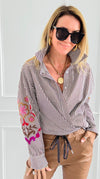 Striped & Bloom Embroidery Sleeve Italian Blouse-110 Long Sleeve Tops-TATTOO Z-Coastal Bloom Boutique, find the trendiest versions of the popular styles and looks Located in Indialantic, FL