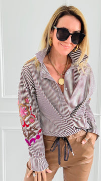 Striped & Bloom Embroidery Sleeve Italian Blouse-110 Long Sleeve Tops-TATTOO Z-Coastal Bloom Boutique, find the trendiest versions of the popular styles and looks Located in Indialantic, FL
