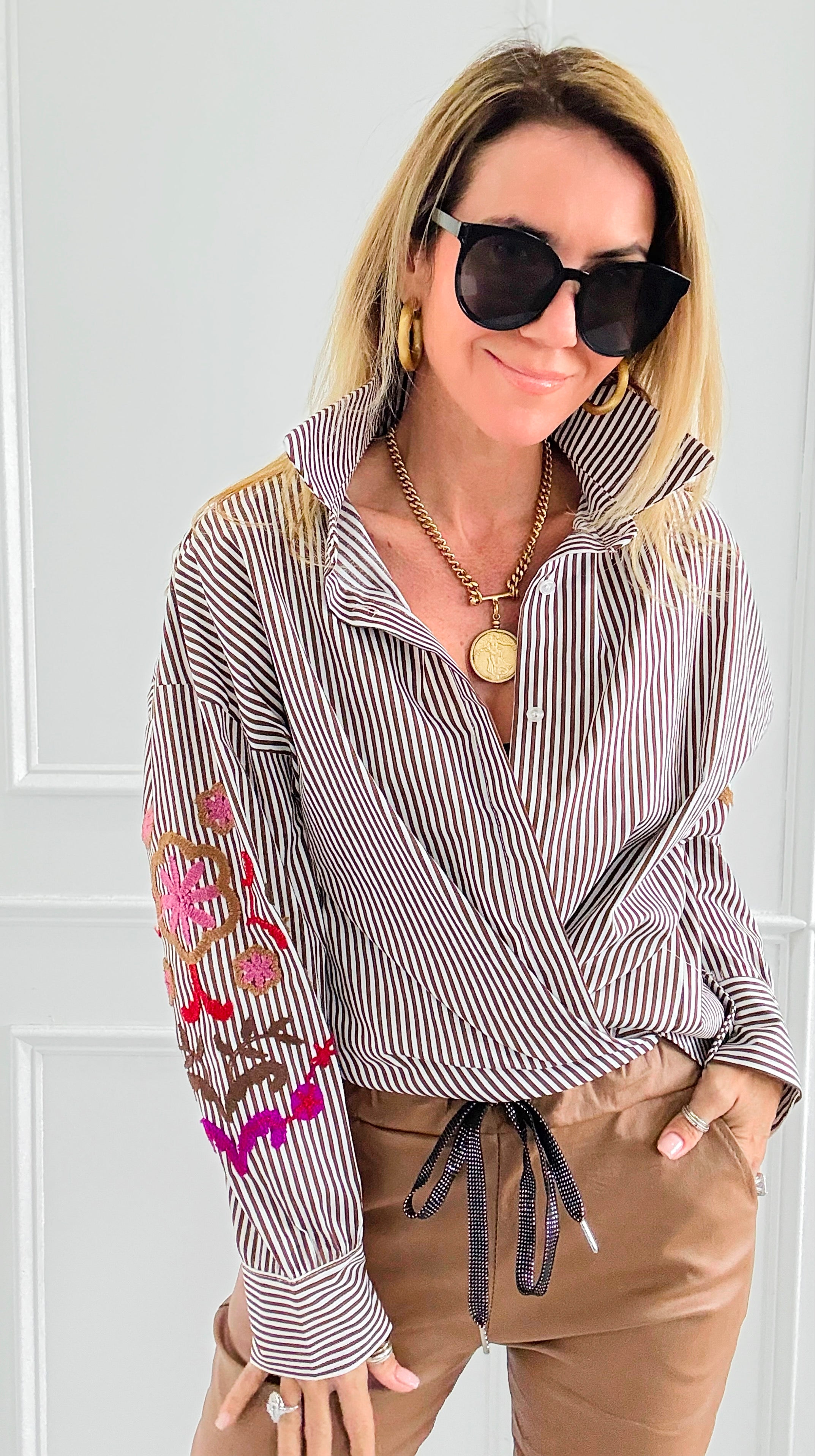 Striped & Bloom Embroidery Sleeve Italian Blouse-110 Long Sleeve Tops-TATTOO Z-Coastal Bloom Boutique, find the trendiest versions of the popular styles and looks Located in Indialantic, FL