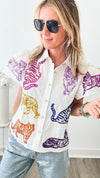 Rainbow Sequin Fierce Button Queen of Sparkles Top-110 Short Sleeve Tops-Queen of Sparkles-Coastal Bloom Boutique, find the trendiest versions of the popular styles and looks Located in Indialantic, FL