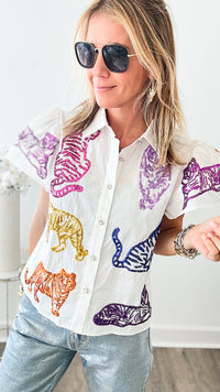 Rainbow Sequin Fierce Button Queen of Sparkles Top-110 Short Sleeve Tops-Queen of Sparkles-Coastal Bloom Boutique, find the trendiest versions of the popular styles and looks Located in Indialantic, FL