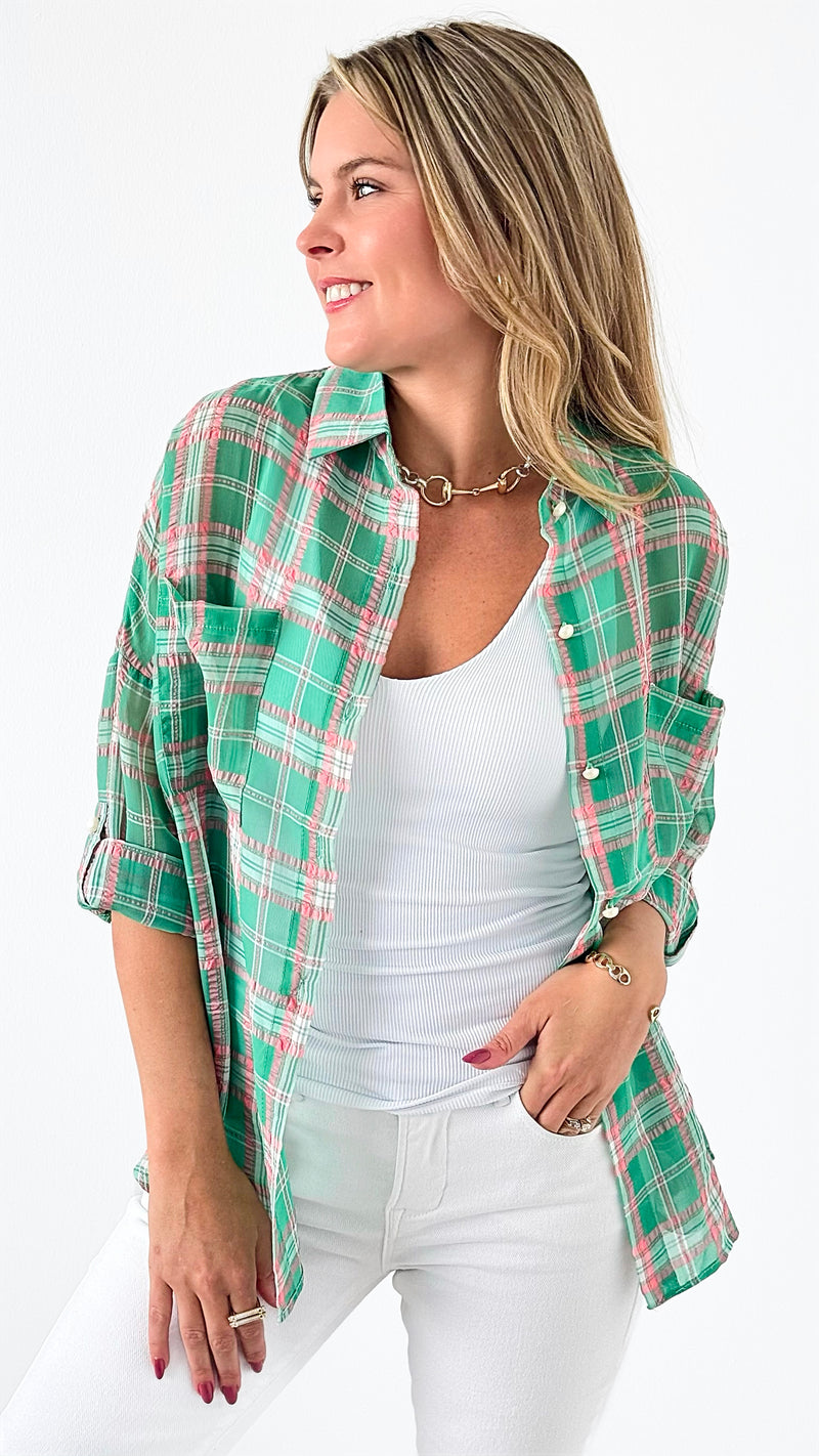 Meadow Breeze Plaid Shirt - Green-130 Long sleeve top-PASTEL DESIGN-Coastal Bloom Boutique, find the trendiest versions of the popular styles and looks Located in Indialantic, FL