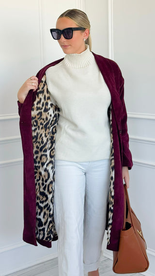 Leopard Lined Italian Long Blazer- Wine
