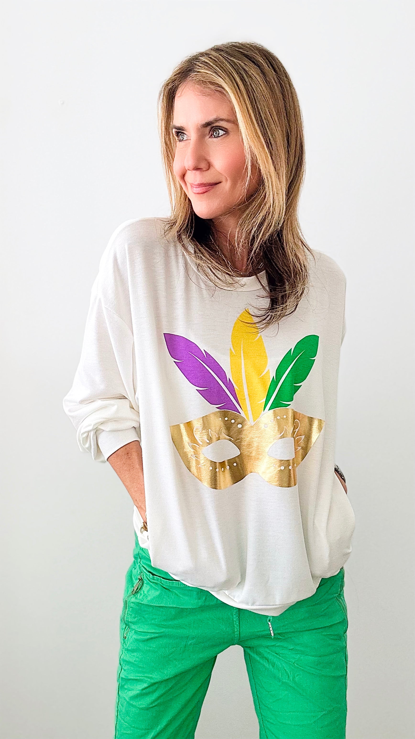 Mardi Gras Masquerade Long Sleeve Top-130 Long Sleeve Tops-BIBI-Coastal Bloom Boutique, find the trendiest versions of the popular styles and looks Located in Indialantic, FL