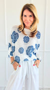 Noir Petals Short Sleeve Italian St Tropez Knit- Blue-140 Sweaters-Italianissimo-Coastal Bloom Boutique, find the trendiest versions of the popular styles and looks Located in Indialantic, FL