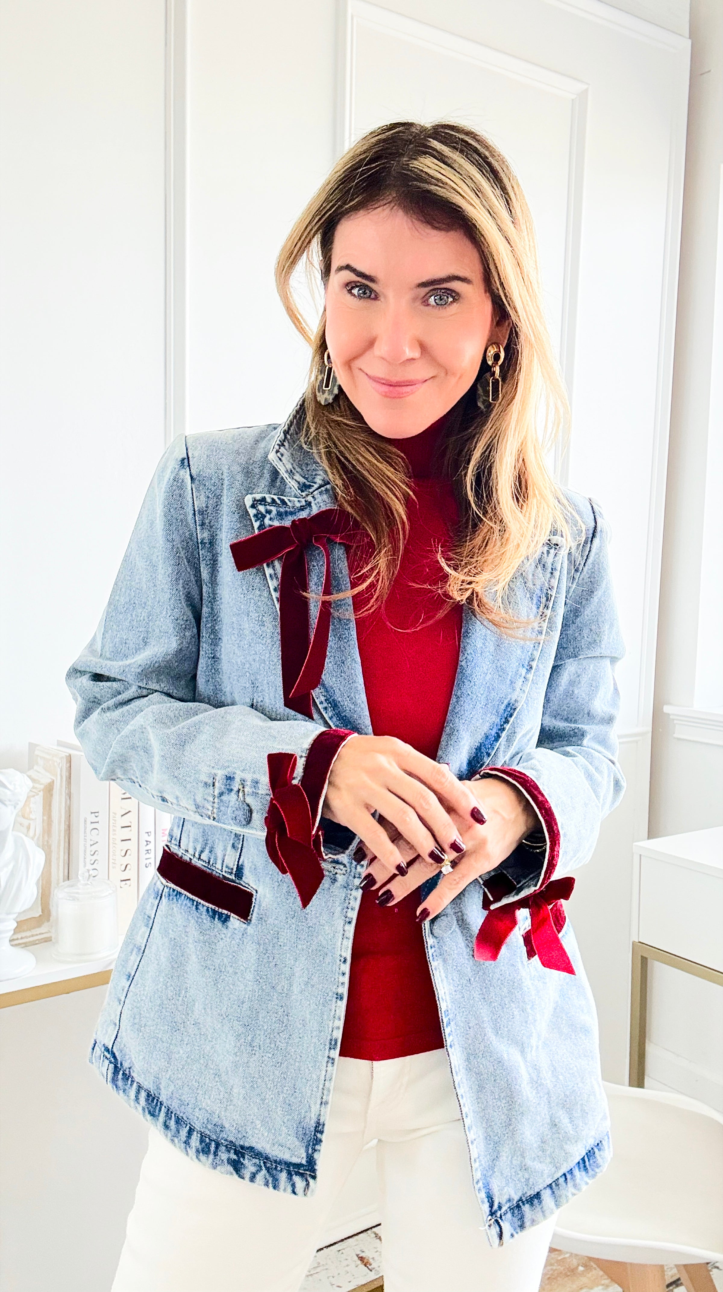 CB Custom Little Red Bow Denim Blazer