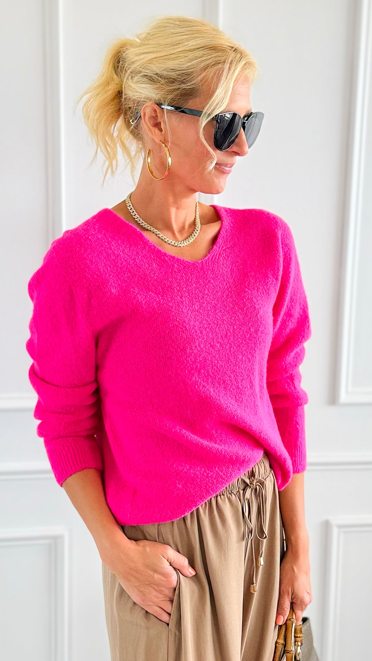 Cloud V-Neck Italian Knit Sweater- Hot Pink-140 Sweaters-Aute-Coastal Bloom Boutique, find the trendiest versions of the popular styles and looks Located in Indialantic, FL