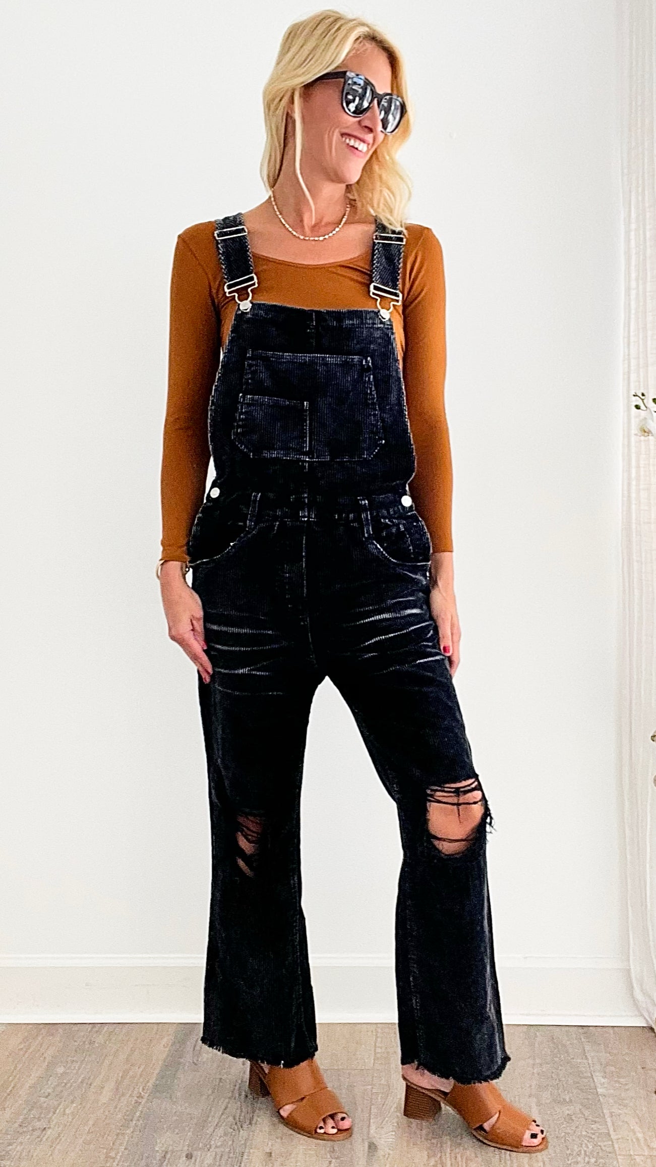 Distressed Vintage Wash Overalls - Black Charcoal-170 Bottoms-BIBI-Coastal Bloom Boutique, find the trendiest versions of the popular styles and looks Located in Indialantic, FL
