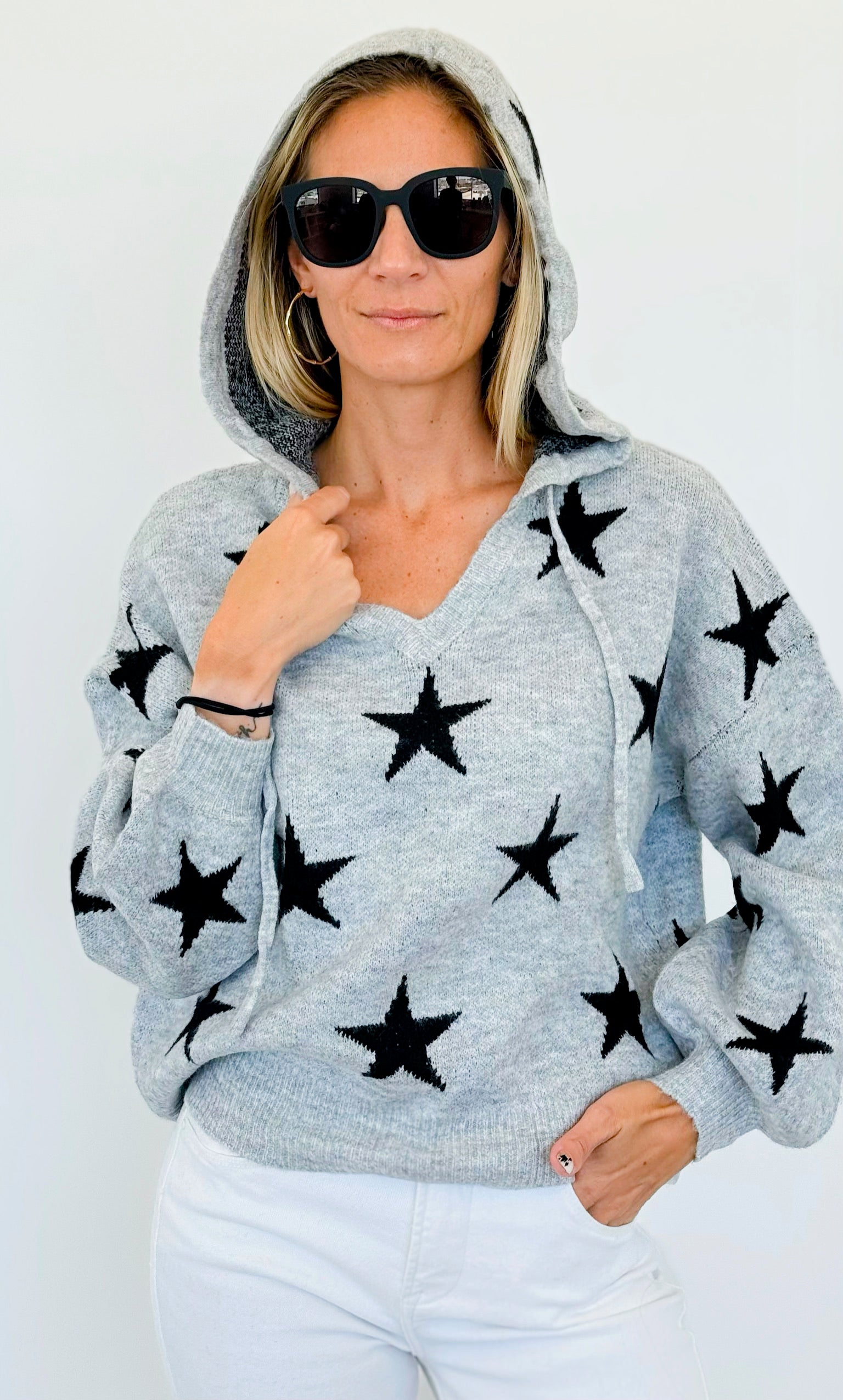 Star Printed Hoodie Sweater-140 Sweaters-Miracle-Coastal Bloom Boutique, find the trendiest versions of the popular styles and looks Located in Indialantic, FL