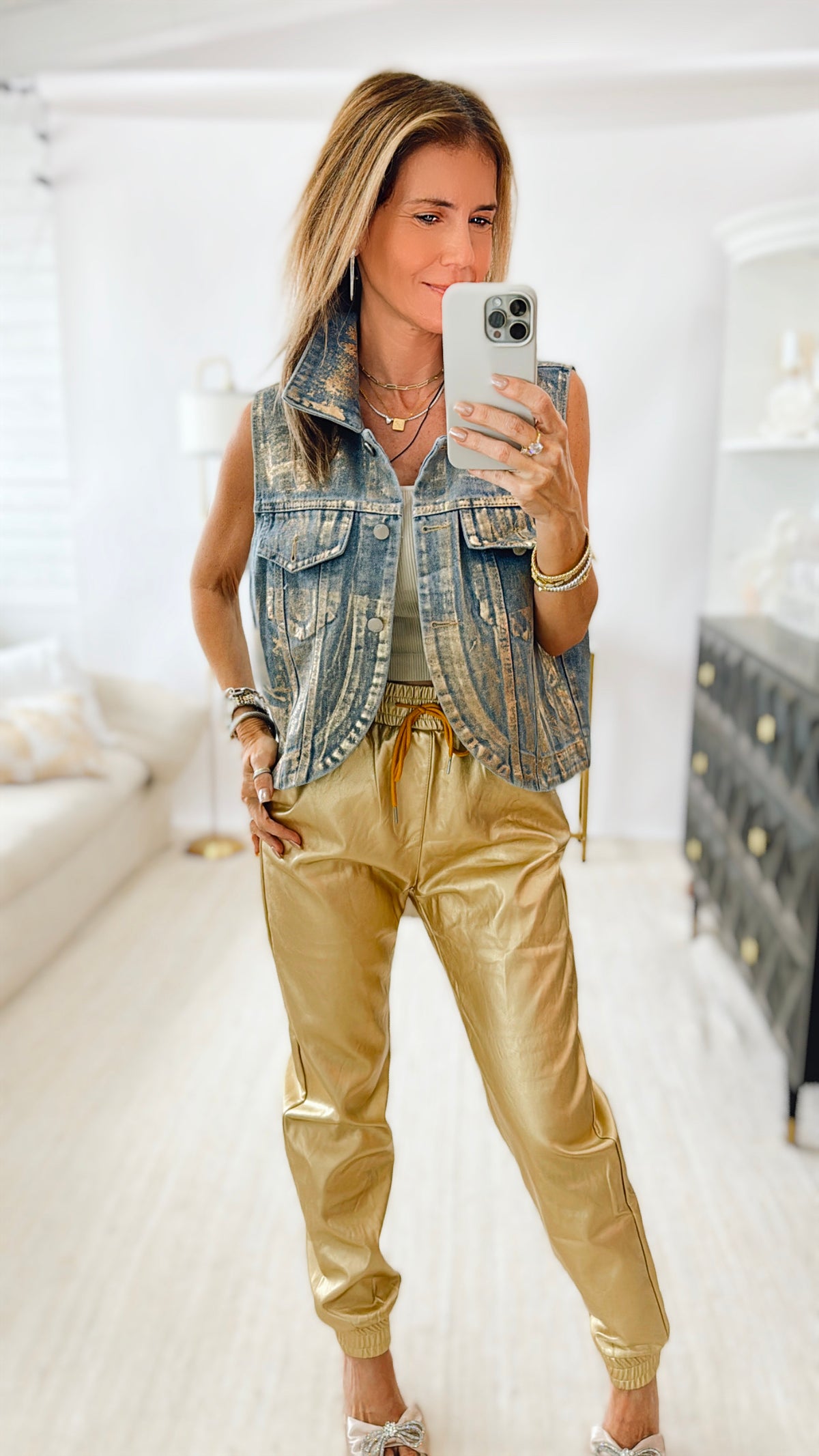 Stop the Show Metallic Denim Vest - Gold-160 Jackets-pastel design-Coastal Bloom Boutique, find the trendiest versions of the popular styles and looks Located in Indialantic, FL
