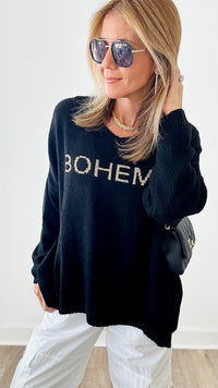Boheme Knit V-Neck Sweater - Black-140 Sweaters-VENTI6 OUTLET-Coastal Bloom Boutique, find the trendiest versions of the popular styles and looks Located in Indialantic, FL