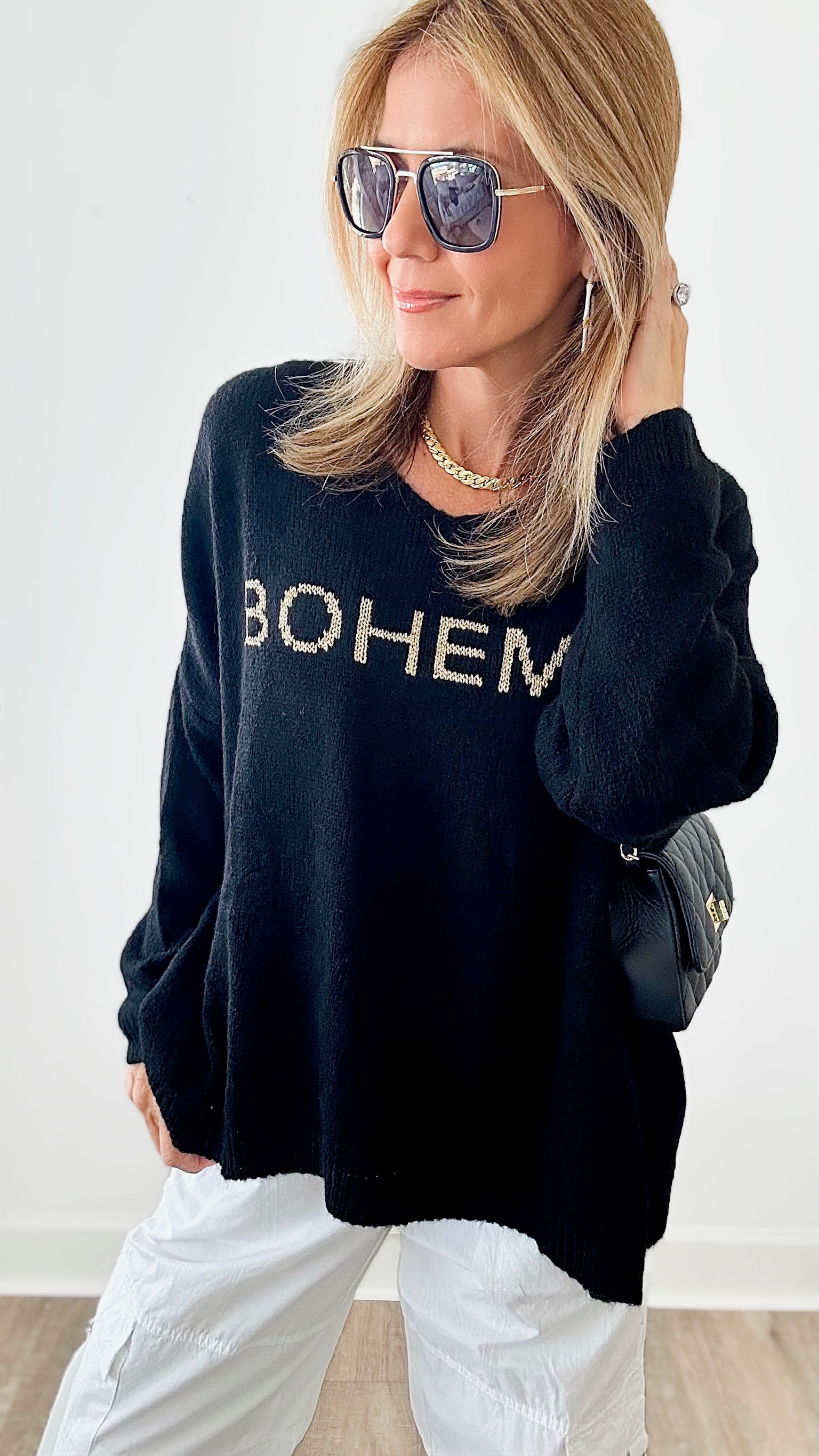 Boheme Knit V-Neck Sweater - Black-140 Sweaters-VENTI6 OUTLET-Coastal Bloom Boutique, find the trendiest versions of the popular styles and looks Located in Indialantic, FL