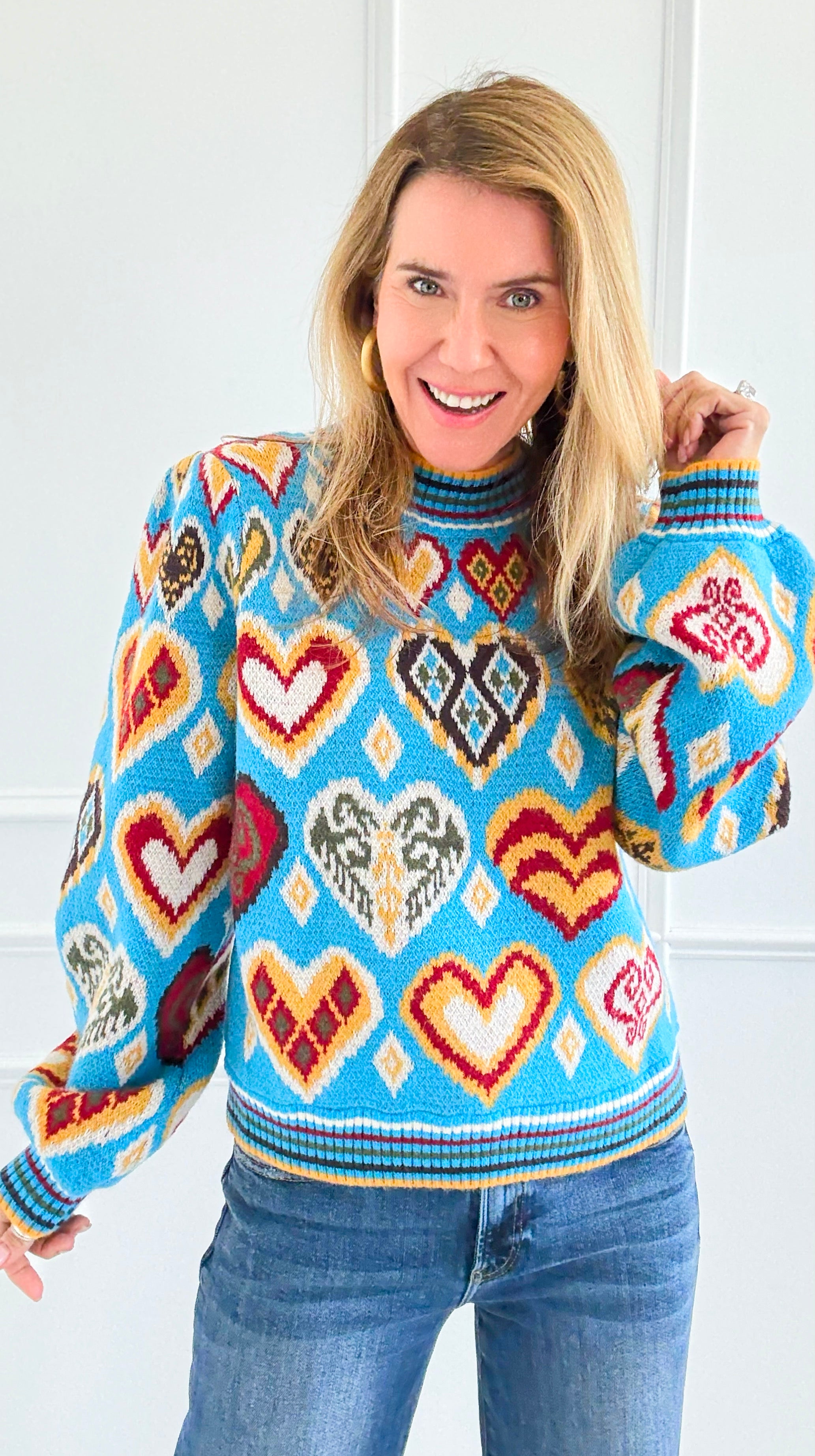 Kaleidohearts Puff Sleeve Sweater-140 Sweaters-&MERCI-Coastal Bloom Boutique, find the trendiest versions of the popular styles and looks Located in Indialantic, FL