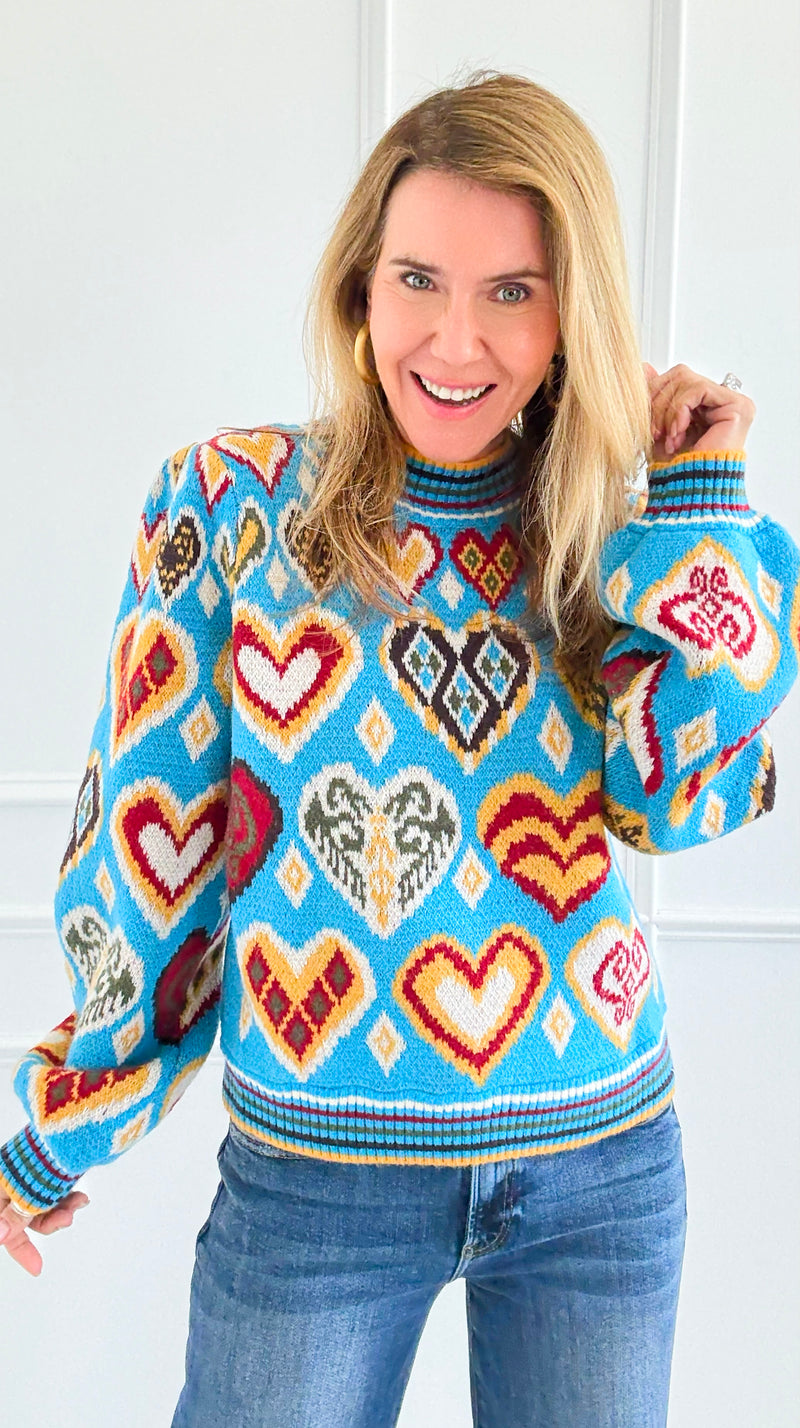 Kaleidohearts Puff Sleeve Sweater-140 Sweaters-&MERCI-Coastal Bloom Boutique, find the trendiest versions of the popular styles and looks Located in Indialantic, FL