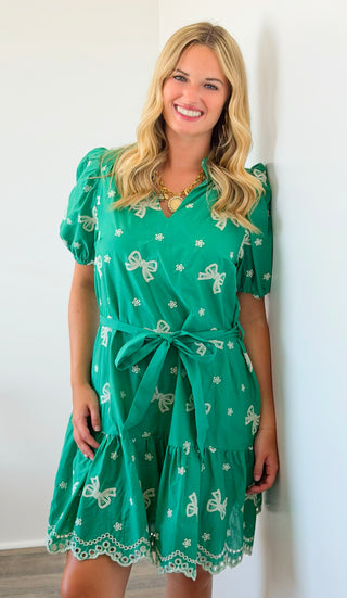 Ribbon Embroidered Mini Dress
