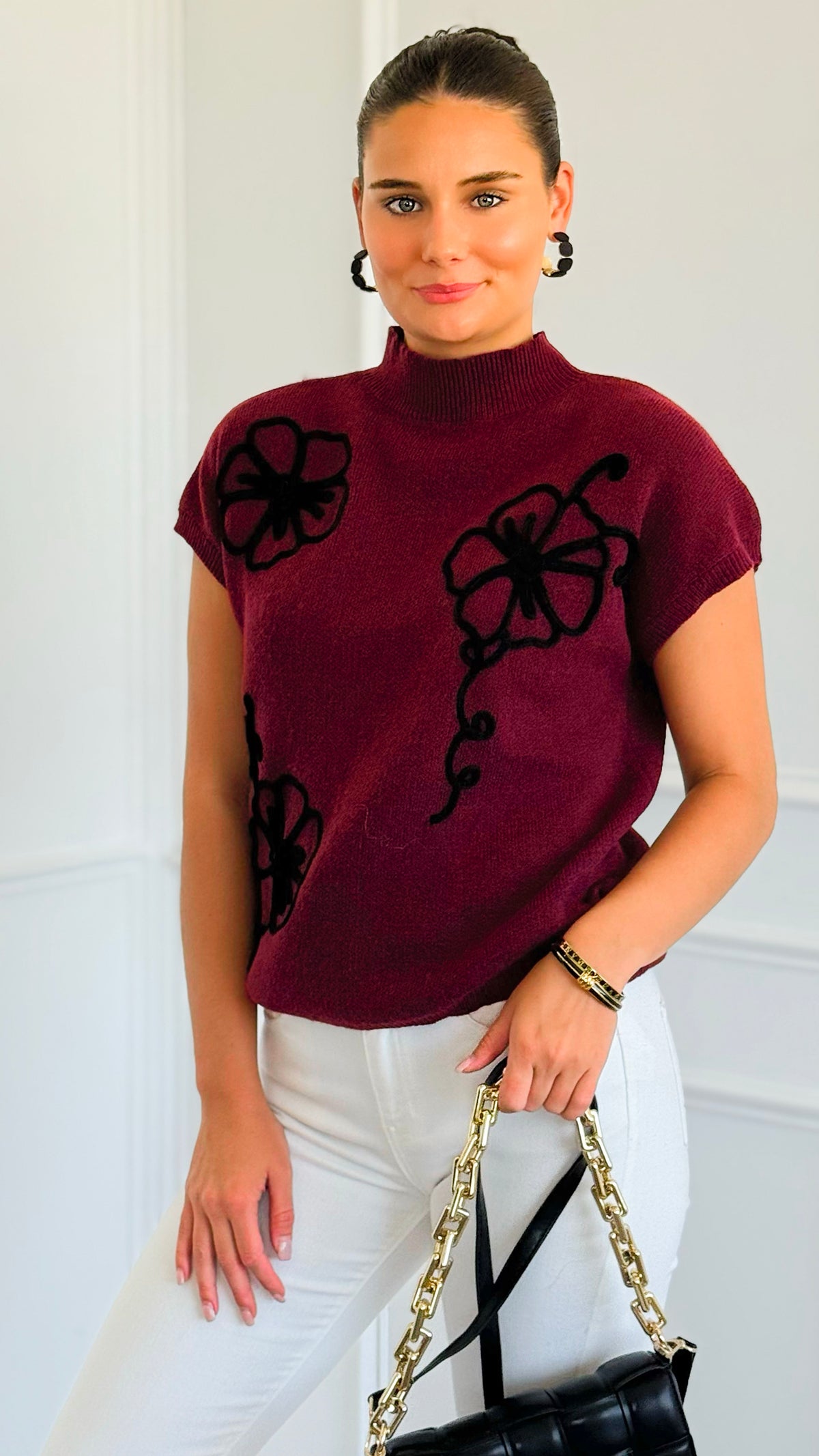 Floral Trim Knit Sleeveless Sweater - Burgundy-140 Sweaters-Blu Pepper-Coastal Bloom Boutique, find the trendiest versions of the popular styles and looks Located in Indialantic, FL