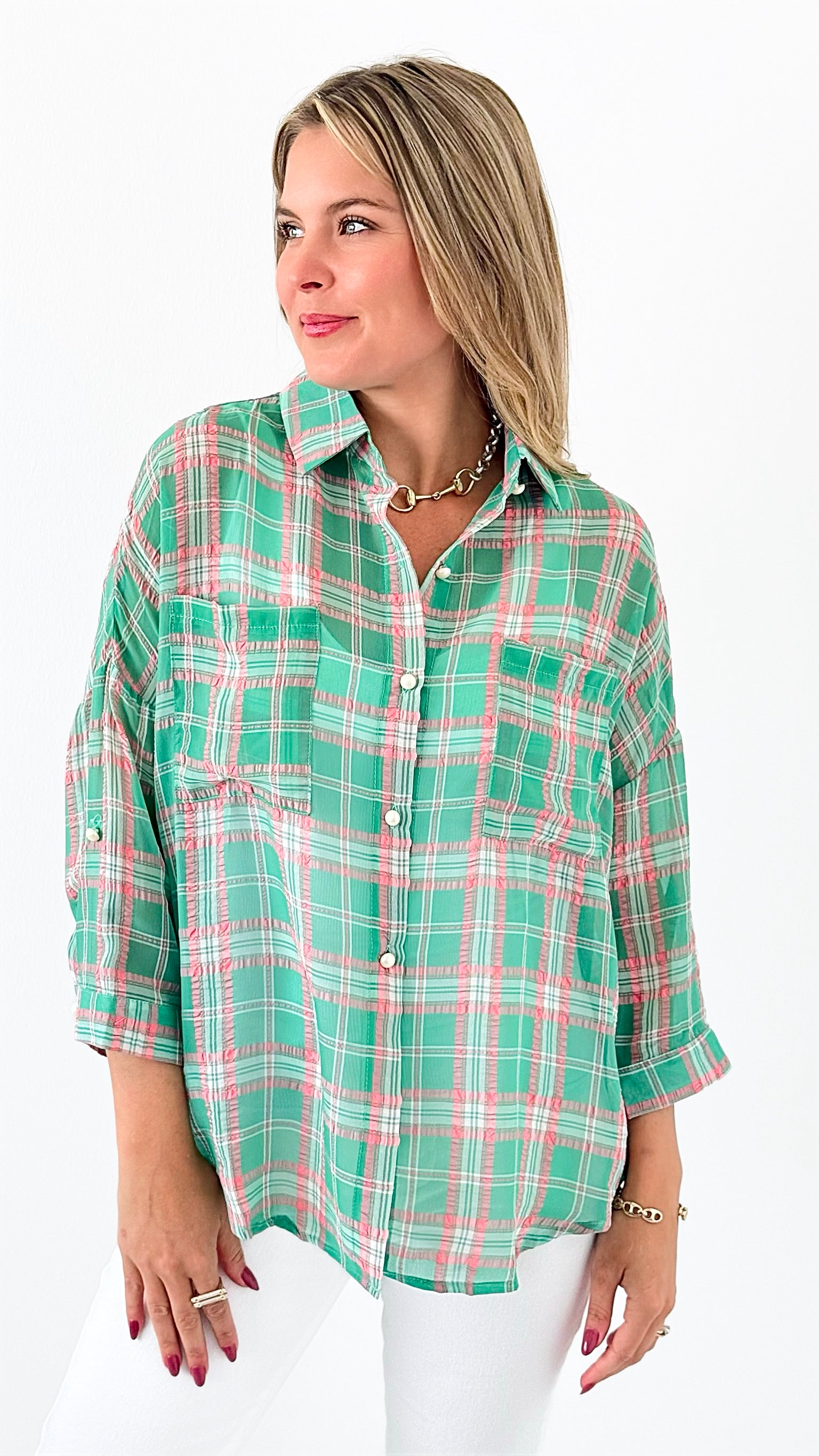 Meadow Breeze Plaid Shirt - Green-130 Long sleeve top-PASTEL DESIGN-Coastal Bloom Boutique, find the trendiest versions of the popular styles and looks Located in Indialantic, FL